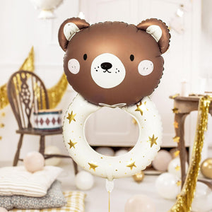 PartyDeco Großer Folienballon Teddybär Rassel – 61x88 cm, mit Helium aufblasbar, inklusive Strohhalm, perfekt für Geburtstagsfeiern, Babypartys und besondere Anlässe