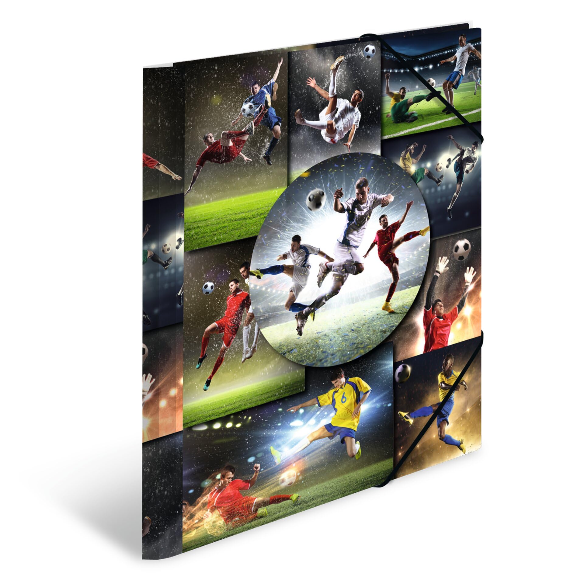 HERMA Sammelmappe A4 Fussball, Kinder Eckspanner-Mappe aus Kunststoff mit Sport Motiv, Gummizug, Innenklappen und Innendruck für Jungen und Mädchen