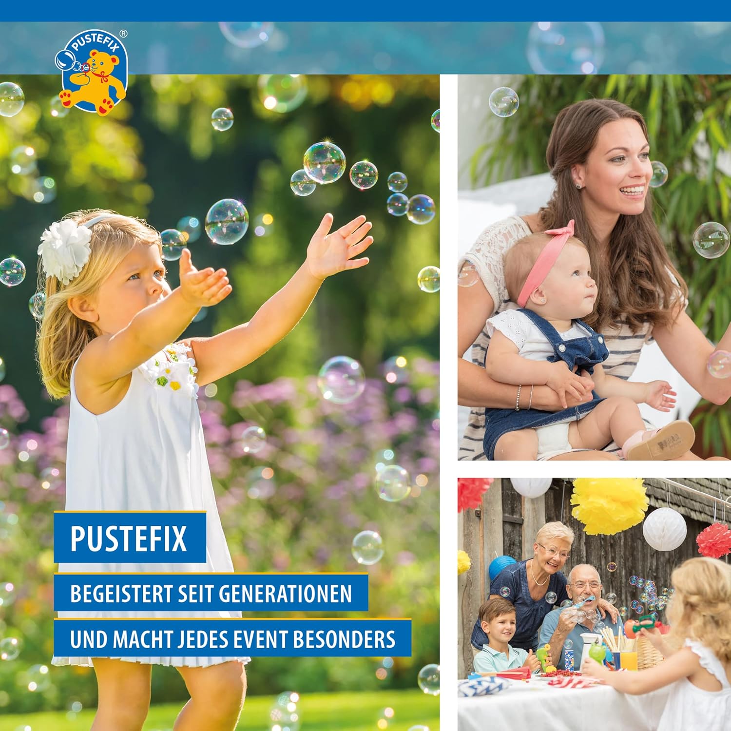 PUSTEFIX Puste-Pipe I 70 ml Seifenblasenwasser I Bunte Bubbles Made in Germany I Seifenblasen Spielzeug für Kindergeburtstag, Polterabend, Sommerparty & Hochzeit I Pfeife für Kinder & Erwachsene