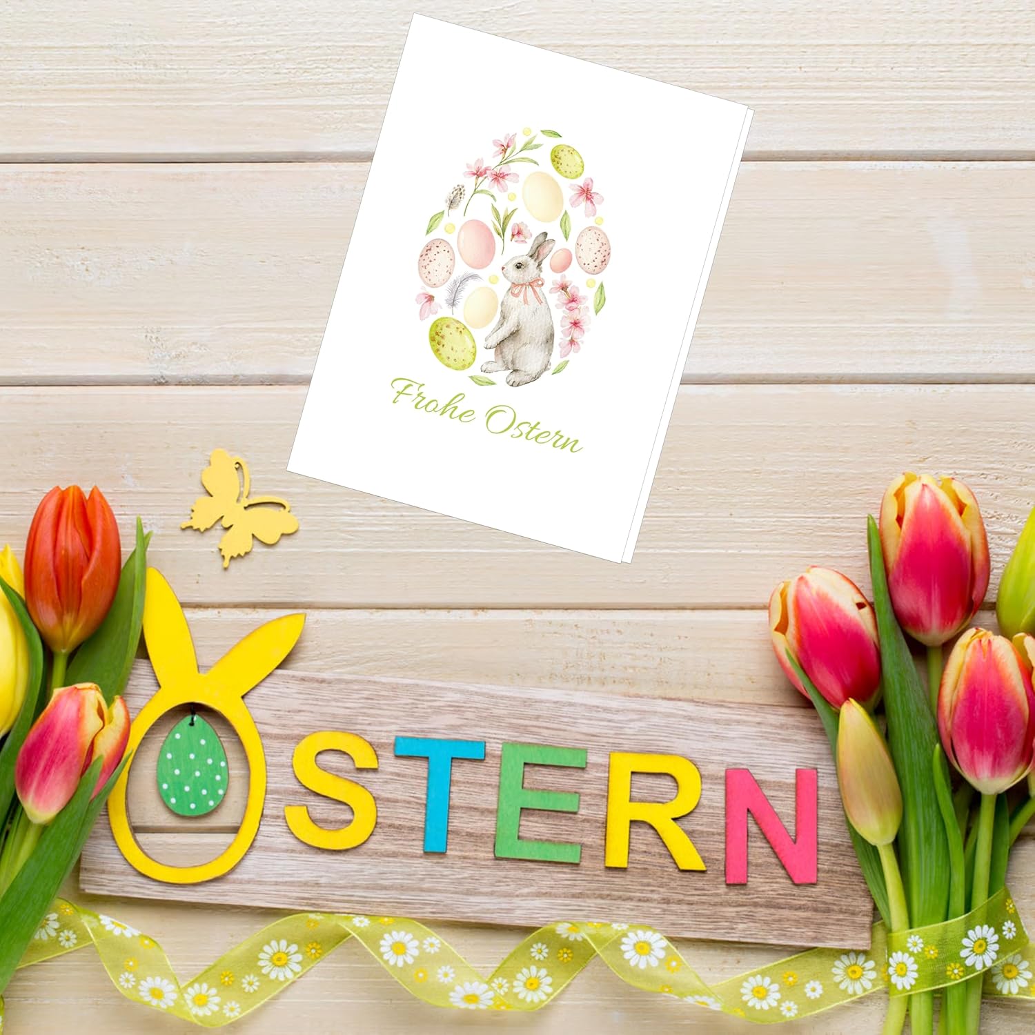 Grußkarten Ostern mit Umschlag | Hochwertige Klappkarte Osterkarte | Ideale Größe DIN A6 | 120g | Made in EU (Hase mit rundem Ei)