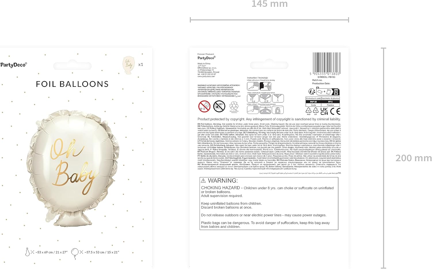 Folienballon mit Oh Baby Schrift 37x53cm - Ballon für Helium oder Luft - Luftballon für Baby Shower Babyparty Junge Mädchen - Folienluftballon als Geschenk zur Geburt - Weiß Gold