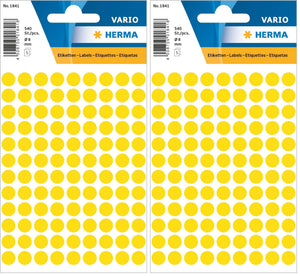 HERMA 1841 Punktaufkleber Klebepunkte gelb, 540 Stück, Ø 8 mm, 108 pro Bogen, selbstklebend, Markierungspunkte für Kalender Planer Basteln, matt, blanko Papier Farbpunkte Etiketten Aufkleber