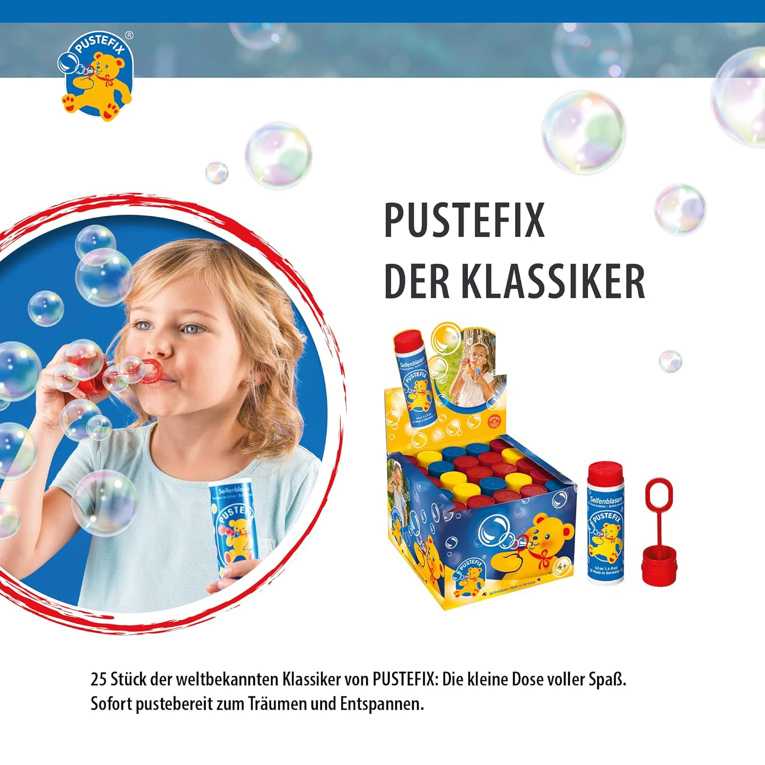 PUSTEFIX - 420869210 Seifenblasen Set I 25 x Klassik 42ml I Bunte Rainbow Bubbles Made in Germany I Seifenblasen für Hochzeit, Kindergeburtstag, Standesamt, Polterabend I 25 x 42 ml Vorteilspack