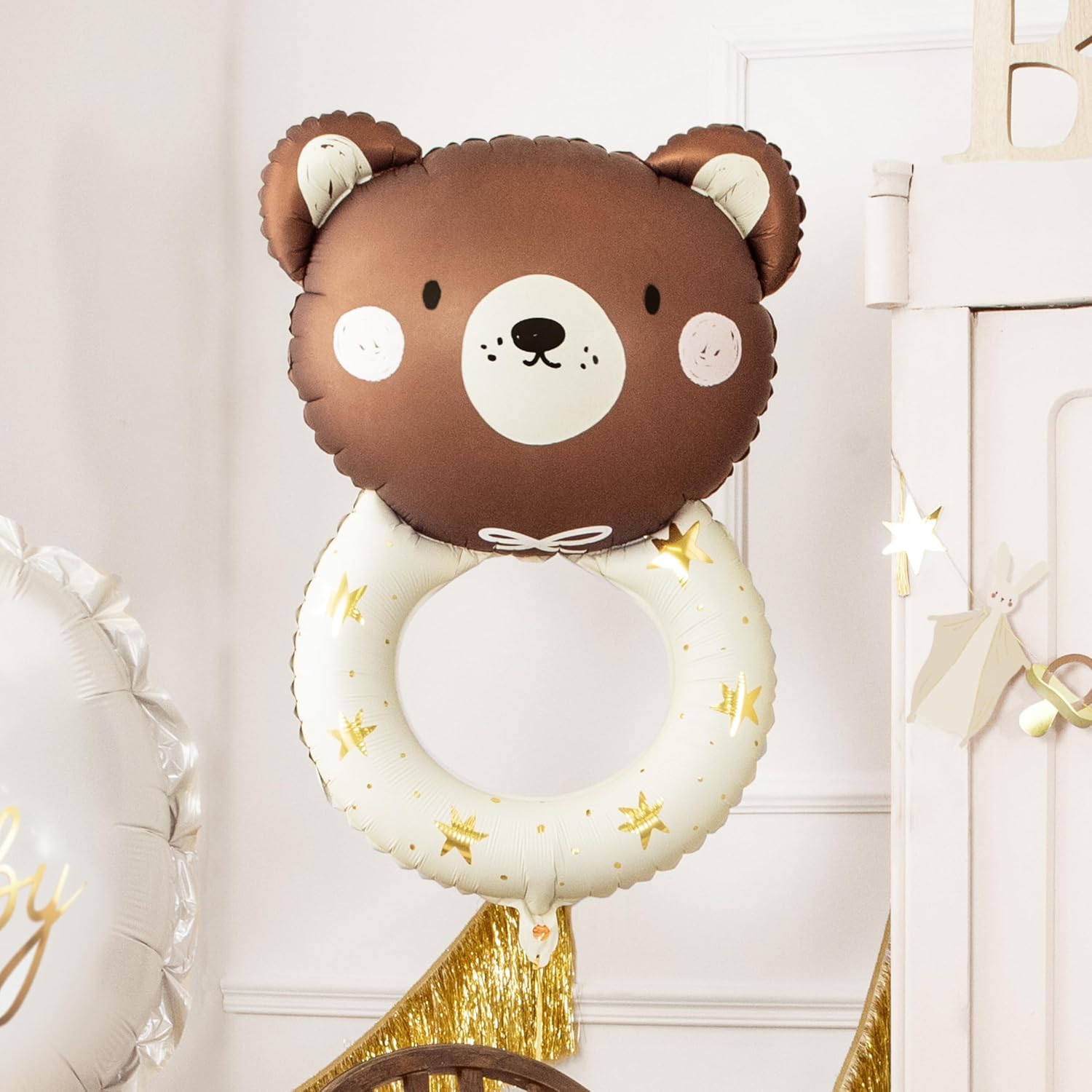PartyDeco Großer Folienballon Teddybär Rassel – 61x88 cm, mit Helium aufblasbar, inklusive Strohhalm, perfekt für Geburtstagsfeiern, Babypartys und besondere Anlässe