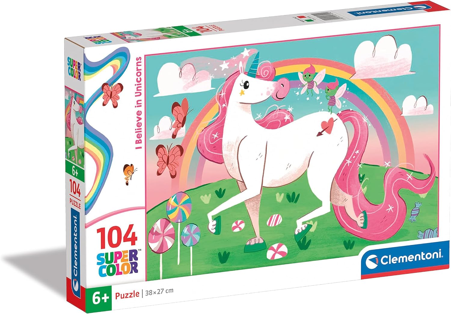 Clementoni 27109 Supercolor Unicorns – Puzzle 104 Teile ab 6 Jahren, buntes Kinderpuzzle mit besonderer Leuchtkraft & Farbintensität, Geschicklichkeitsspiel für Kinder