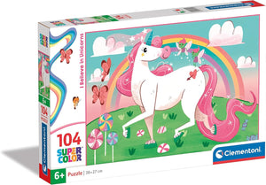 Clementoni 27109 Supercolor Unicorns – Puzzle 104 Teile ab 6 Jahren, buntes Kinderpuzzle mit besonderer Leuchtkraft & Farbintensität, Geschicklichkeitsspiel für Kinder