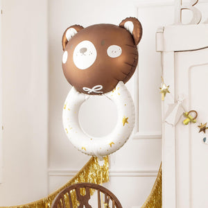 PartyDeco Großer Folienballon Teddybär Rassel – 61x88 cm, mit Helium aufblasbar, inklusive Strohhalm, perfekt für Geburtstagsfeiern, Babypartys und besondere Anlässe