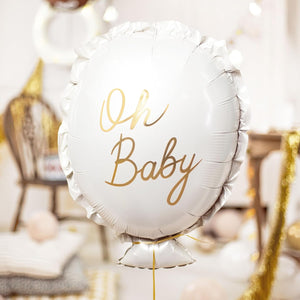 Folienballon mit Oh Baby Schrift 37x53cm - Ballon für Helium oder Luft - Luftballon für Baby Shower Babyparty Junge Mädchen - Folienluftballon als Geschenk zur Geburt - Weiß Gold