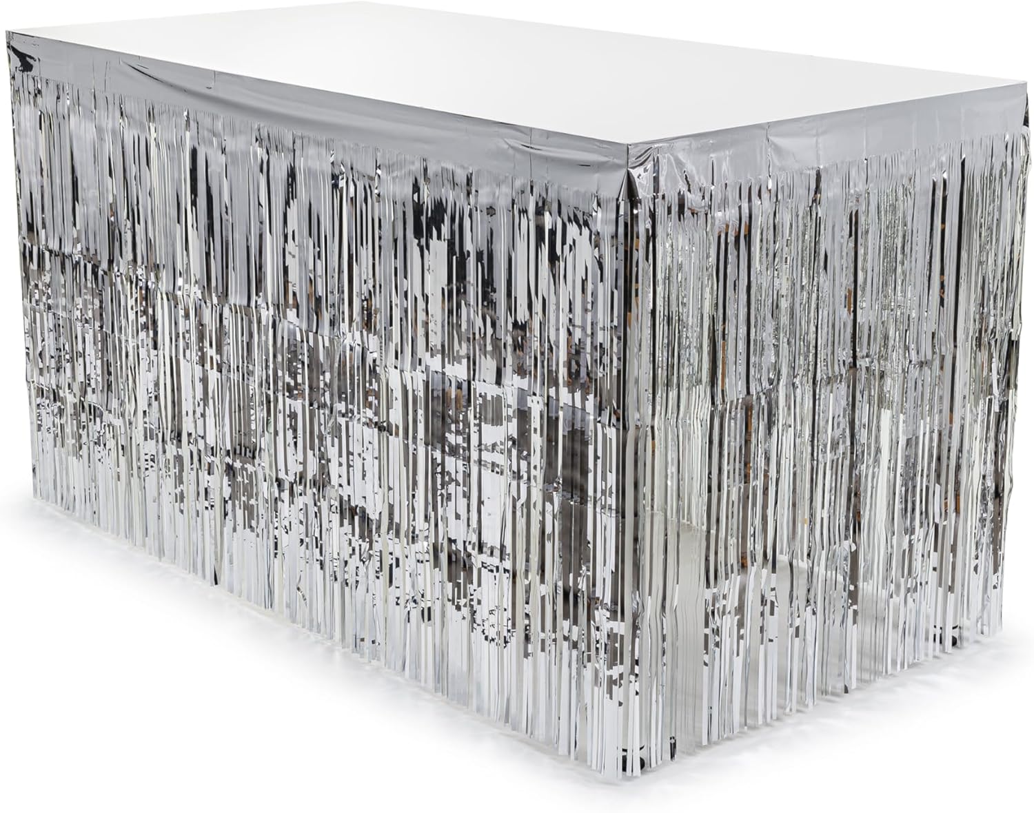 PartyDeco Lametta Tischrock 300x80cm - glänzende Tischumrandung mit Fransen - Silberne Tischverkleidung - Festliche Tischdeko & Party Glitzer Deko - Silber
