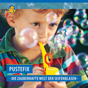 PUSTEFIX Puste-Pipe I 70 ml Seifenblasenwasser I Bunte Bubbles Made in Germany I Seifenblasen Spielzeug für Kindergeburtstag, Polterabend, Sommerparty & Hochzeit I Pfeife für Kinder & Erwachsene