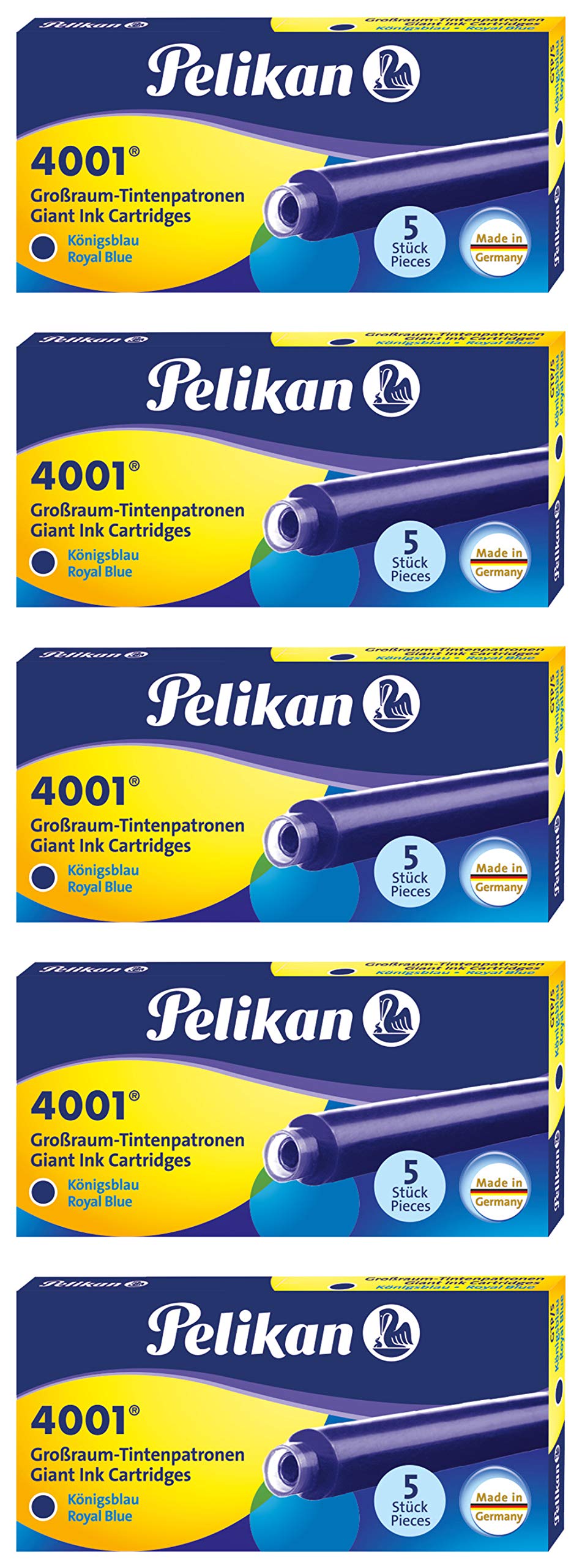 Pelikan 310748 Großraum-Tintenpatrone 4001, königsblau, 5 Patronen in Faltschachtel