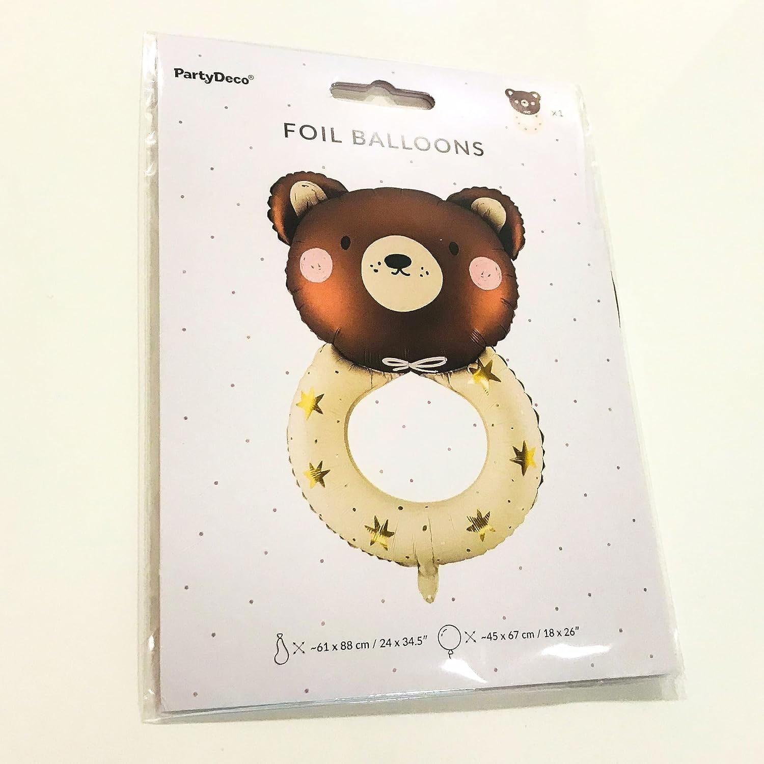 PartyDeco Großer Folienballon Teddybär Rassel – 61x88 cm, mit Helium aufblasbar, inklusive Strohhalm, perfekt für Geburtstagsfeiern, Babypartys und besondere Anlässe