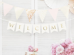 Herzlich Willkommen Girlande 15x95cm Papier Banner Welcome Geburt Baby Party Schule Kinder Deko weiß P&D Flaggengirlande Girlande Welcome weiß Gold, ca. 0,95 Meter