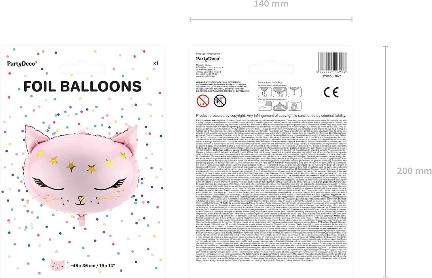 Shape Folienballon "Katze mit Sternen" Rosa/Gold | 48 x 36cm