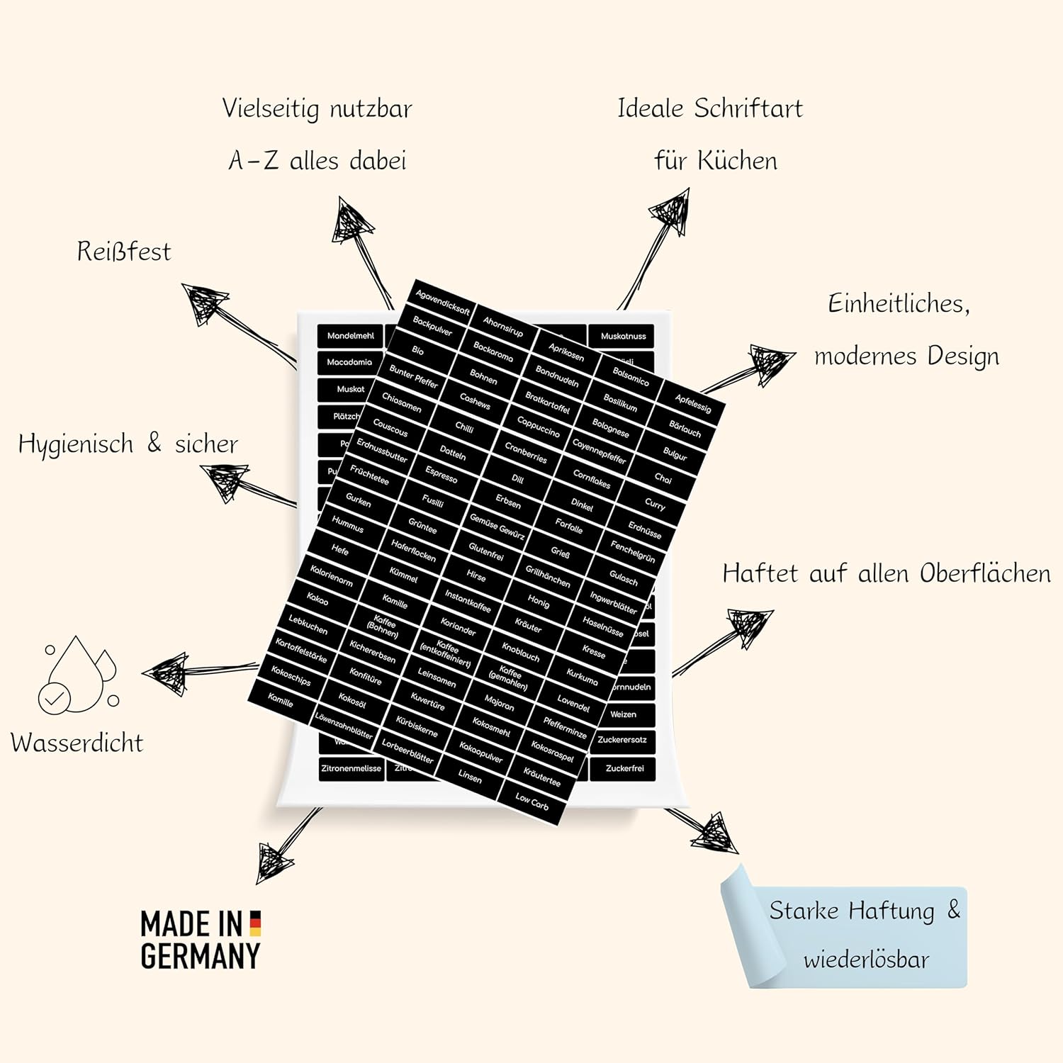Tafeletiketten Küchen Tafel Aufkleber A-Z Beschriftung alle Begriffe 170x selbstklebende Gefrieretiketten Deutsch Made in Germany (Espresso-Schwarz)
