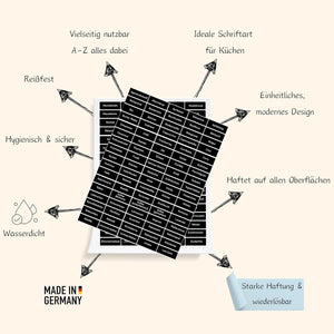 Tafeletiketten Küchen Tafel Aufkleber A-Z Beschriftung alle Begriffe 170x selbstklebende Gefrieretiketten Deutsch Made in Germany (Espresso-Schwarz)