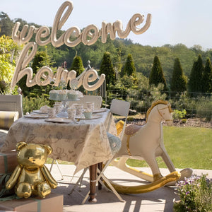 Großer stehender Folienballon Schaukelpferd, 118x104 cm, edles Design in creme und gold, perfekt für Baby Showers, Geburtstagsfeiern, und besondere Anlässe - zum Befüllen mit Luft, inklusive Strohhalm