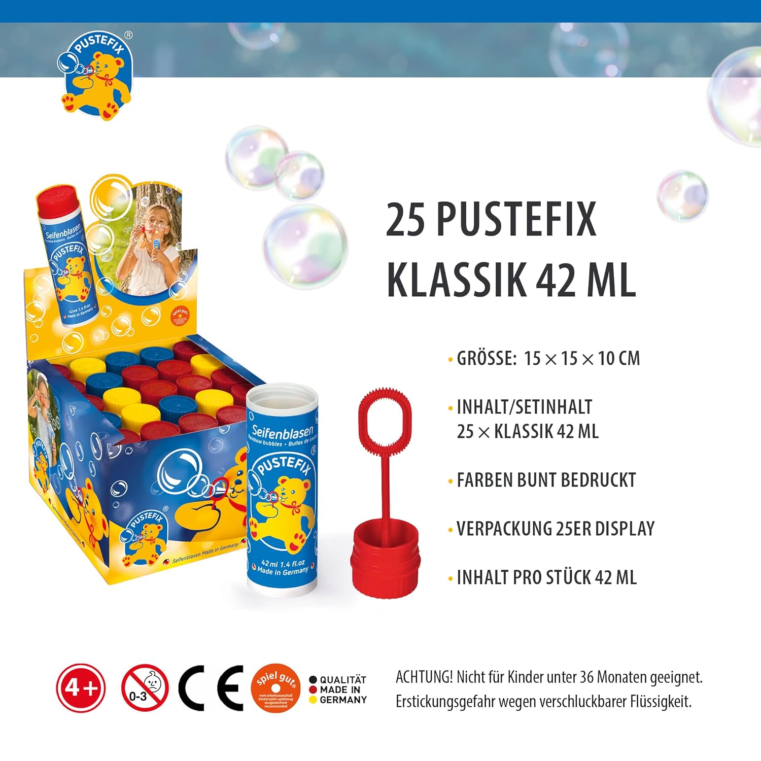 PUSTEFIX - 420869210 Seifenblasen Set I 25 x Klassik 42ml I Bunte Rainbow Bubbles Made in Germany I Seifenblasen für Hochzeit, Kindergeburtstag, Standesamt, Polterabend I 25 x 42 ml Vorteilspack