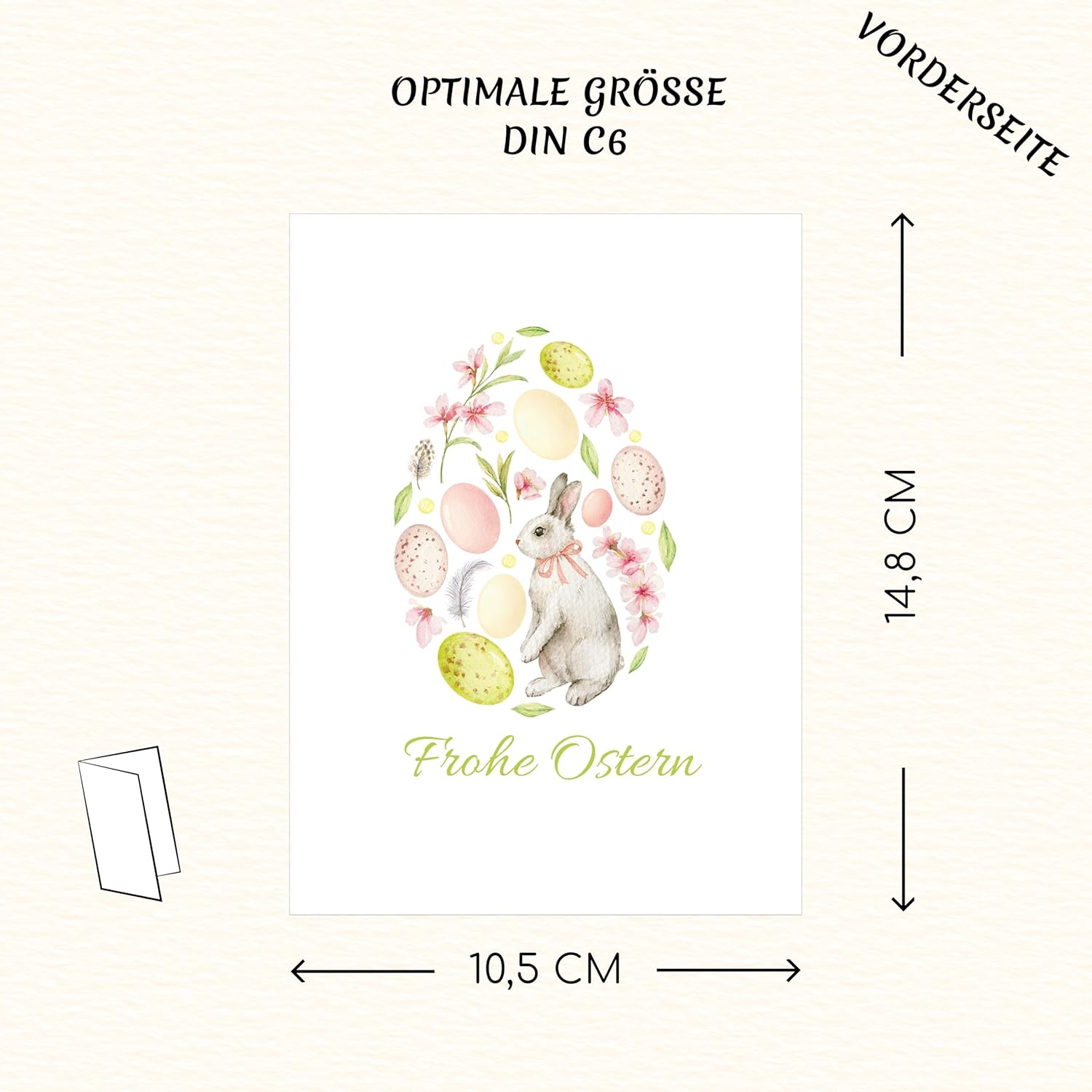 Grußkarten Ostern mit Umschlag | Hochwertige Klappkarte Osterkarte | Ideale Größe DIN A6 | 120g | Made in EU (Hase mit rundem Ei)