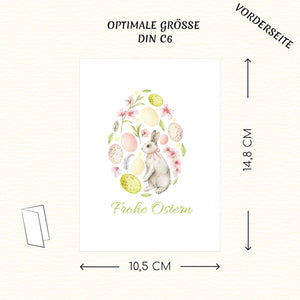 Grußkarten Ostern mit Umschlag | Hochwertige Klappkarte Osterkarte | Ideale Größe DIN A6 | 120g | Made in EU (Hase mit rundem Ei)