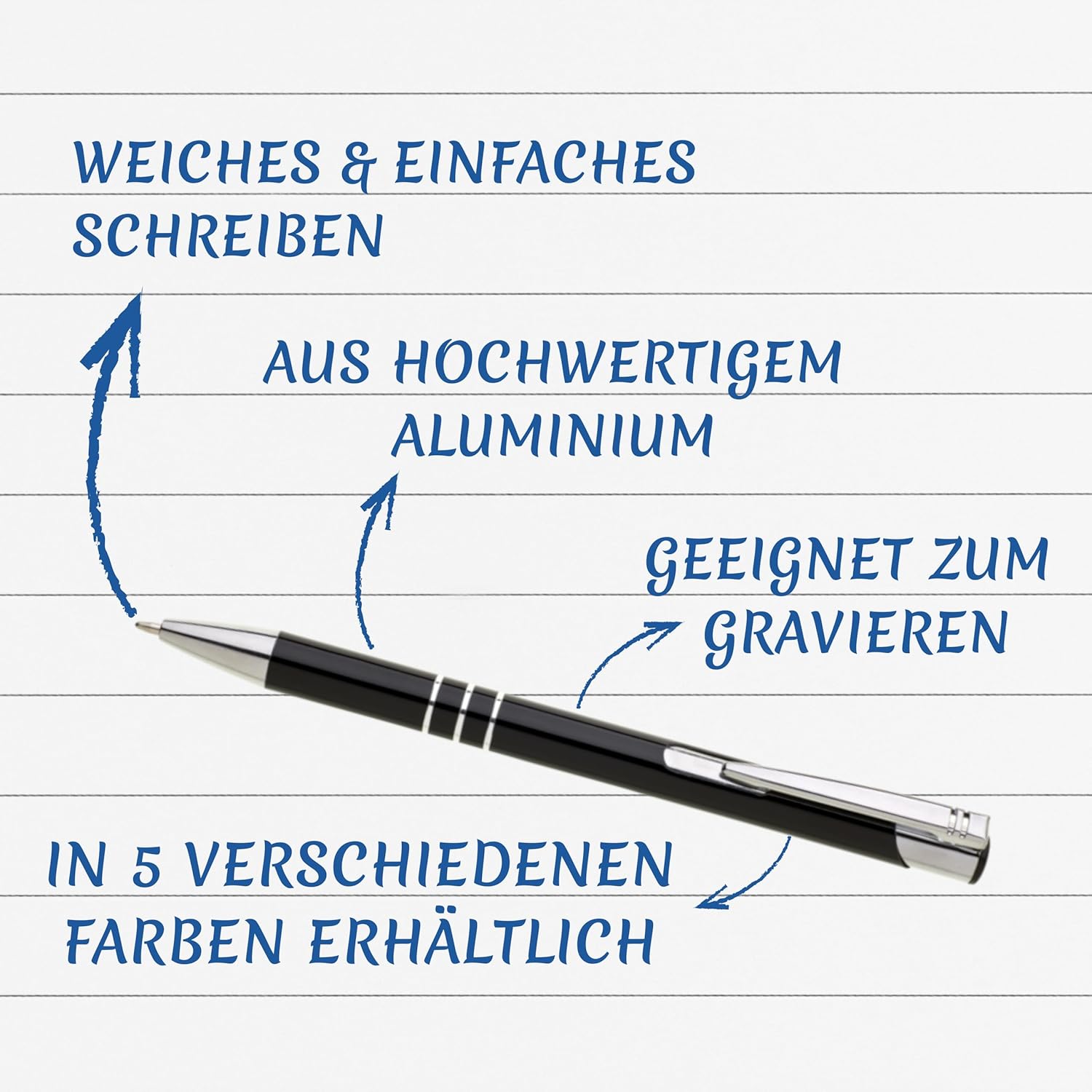 Kugelschreiber Metall 10er Set Hochwertige Blaue Tinte Premium Kullis für Büro Schule und Haushalt (Schwarz)