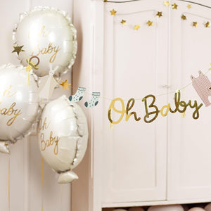 Folienballon mit Oh Baby Schrift 37x53cm - Ballon für Helium oder Luft - Luftballon für Baby Shower Babyparty Junge Mädchen - Folienluftballon als Geschenk zur Geburt - Weiß Gold