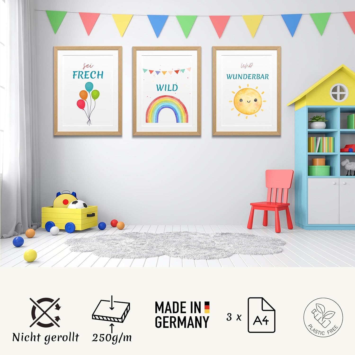Lemina Affirmationsposter Kinder Bilder Kinderzimmer DIN A4 (21x30cm) Poster 3er Set Wanddeko Babyzimmer Deko Tierbilder (Frech Wild Wunderbar)