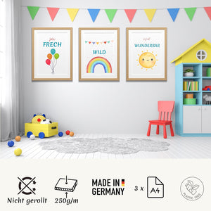 Lemina Affirmationsposter Kinder Bilder Kinderzimmer DIN A4 (21x30cm) Poster 3er Set Wanddeko Babyzimmer Deko Tierbilder (Frech Wild Wunderbar)