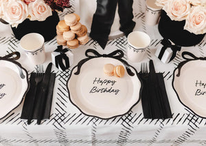 Pappteller Happy Birthday 24cm mit Schleife 6er Set - Partyteller Einwegteller plastikfrei - Partygeschirr Geburtstag - Partydeko Tischdeko & Partyzubehör - Ivory Schwarz