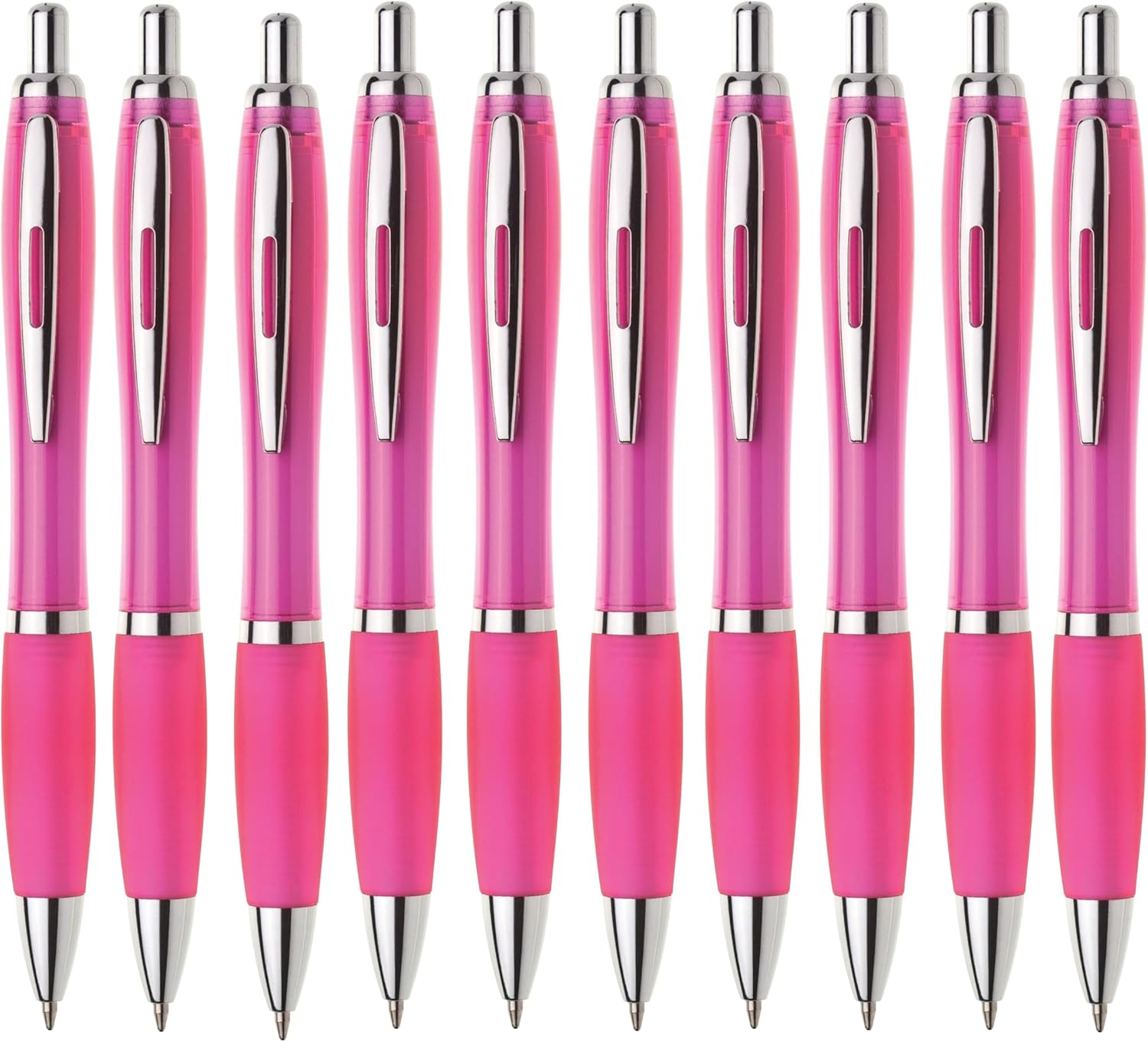 Kugelschreiber ergonomisch | 10 Stück | Hochwertige Tinte in Blau | Für Büro Schule und Haushalt | Transparent (Pink)
