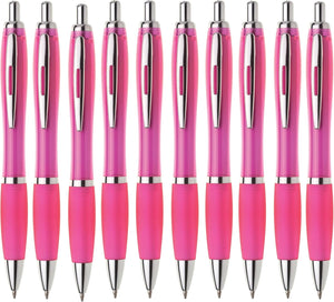 Kugelschreiber ergonomisch | 10 Stück | Hochwertige Tinte in Blau | Für Büro Schule und Haushalt | Transparent (Pink)