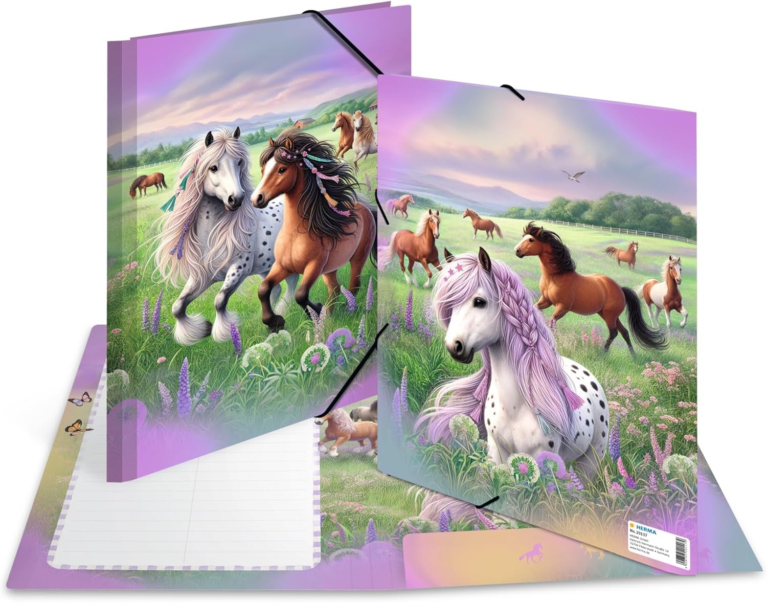 HERMA Sammelmappe A4 Pferdewelt, Eckspanner-Mappe aus Pappe mit Kindergarten Motiv, Gummizug, Innenklappen und Innendruck für Jungen, Mädchen und Kinder