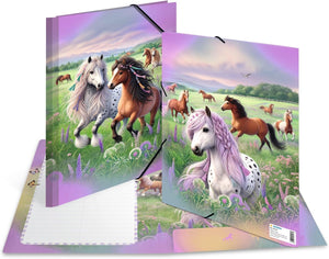 HERMA Sammelmappe A4 Pferdewelt, Eckspanner-Mappe aus Pappe mit Kindergarten Motiv, Gummizug, Innenklappen und Innendruck für Jungen, Mädchen und Kinder