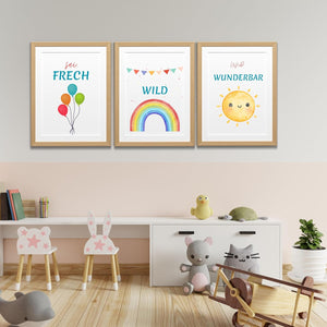 Lemina Affirmationsposter Kinder Bilder Kinderzimmer DIN A4 (21x30cm) Poster 3er Set Wanddeko Babyzimmer Deko Tierbilder (Frech Wild Wunderbar)