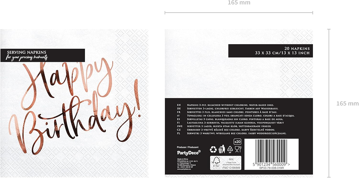 PartyDeco Happy Birthday Weiße Servietten 33x33cm 20 Stk. Geburtstag