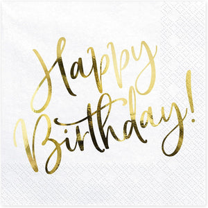Party Deco Servietten für Geburtstag - Happy Birthday - Geburtstag mit Goldschrift, 33 X 33 cm, 20 Stück - Geburtstagsdeko Papierservietten für Event, Geburtstagparty, Jubiläum, Geburtstagsfeier