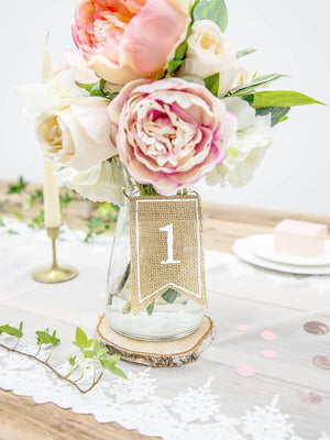 PartyDeco Satz von Jute Tabelle Zahlen Sitzplan Dekoration nummeriert Plaques Visitenkarten hölzerne Hochzeit Zahlen Weihnachten für Restaurant Dekoration Boho Rustikal